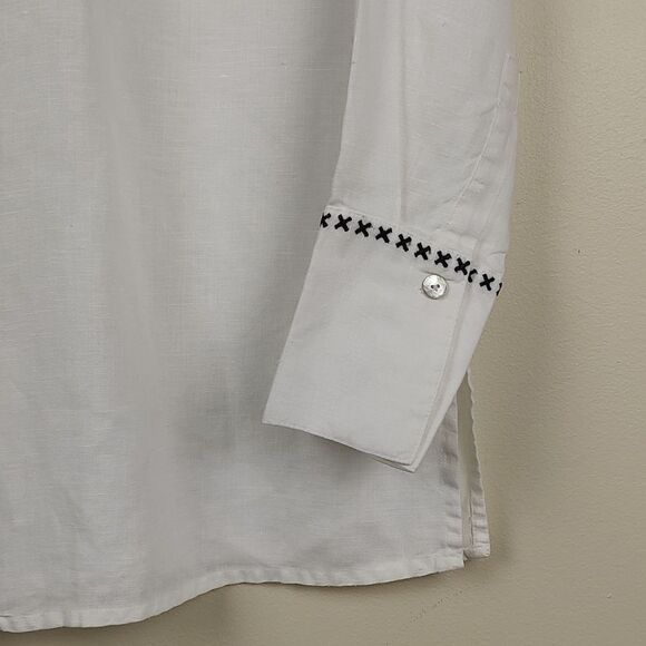 Richard Malcolm Irish Linen Long Sleeve Button Front Blouse Top Black Embroidery - Picture 7 of 14